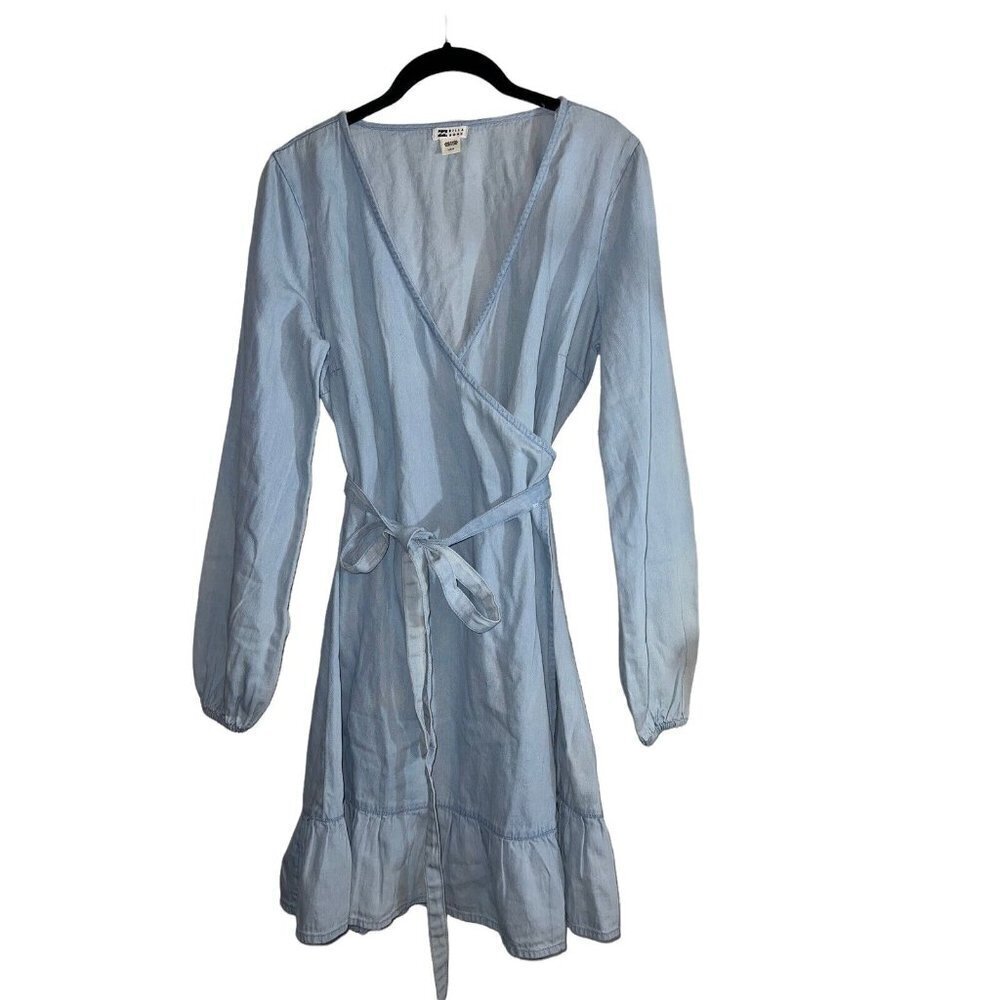 NWT BILLABONG Light Wash Denim Good Feeling Long Sleeve Wrap Dress Sz L - Picture 4 of 14